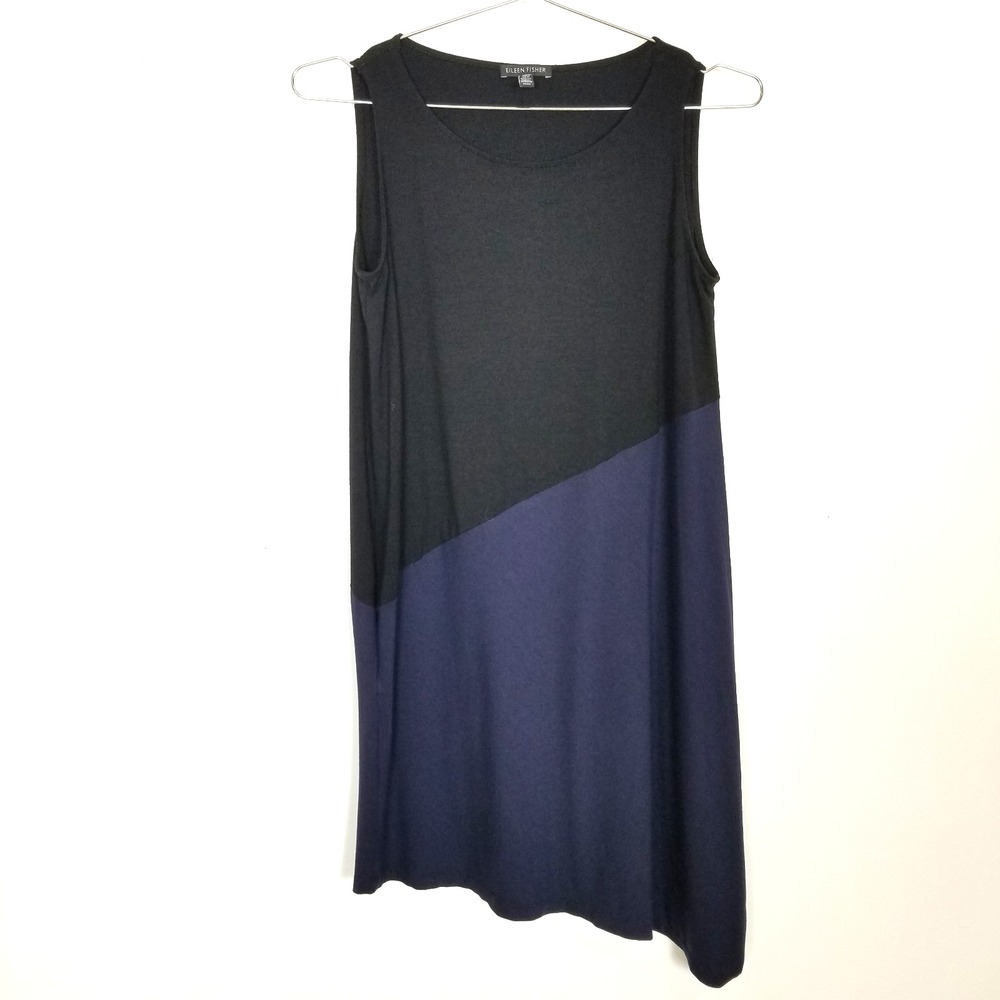 Eileen Fisher Women Asymmetrical Tank Top Dress Sz M Black Blue Viscose Summer